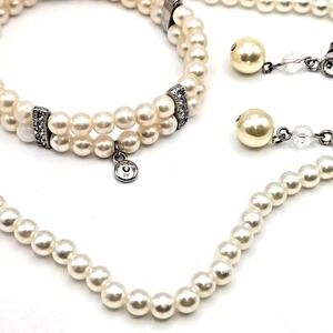 3 Pc Faux Pearl and Silvertone Jewelry Set - Necklace 2-Strand Bracelet Earrings